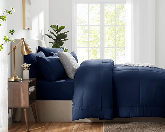 CozyLux Oversized King Comforter Sets Navy Blue, 7 Pieces Bed in a Bag, Ultra-Soft All Season Bedding Sets with Stitch Quilted Comforter, Flat Sheet, Fitted Sheet, Pillowcases
