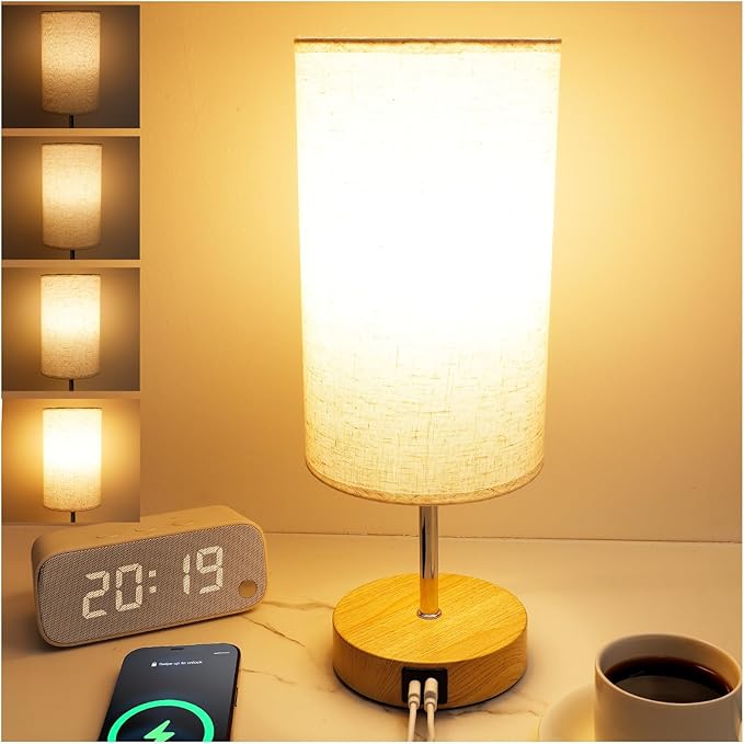 UNIFUN Bedside Table Lamp for Bedroom - 4 Way Dimmable Touch Lamp with USB and Type-C Charge Port, Small Wood Base Round Flaxen Fabric Shade Lamp Living Room,Bedroom Use(Yellow Color Base)