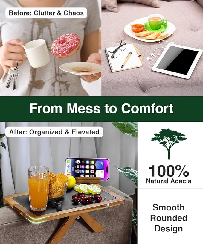 Acacia Couch Arm Tray Table – 2 in 1 Adjustable Couch Arm Table Fits Most Sofa Arms with 360° Rotating Phone Holder, Wire Holder & Non-Slip Mat – Elegant Sofa Tray for Snacks & Coffee