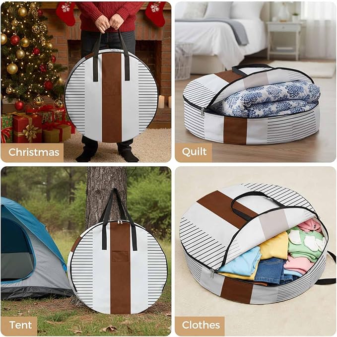 Storage Bag Boho Style Round Storage Totes Bins Closet Organizers with Zippers & Handle Brown Stripe Lines Bohemian Clothes Storage Container for Bedroom Dorm Space Saving Packing Supplies Moving Bags