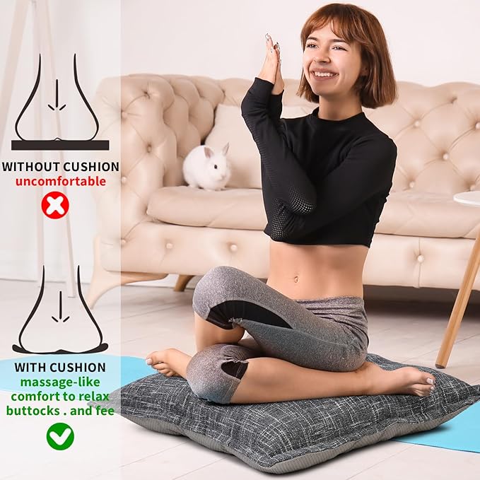 SINSOSSO Large Floor Pillow 22", Thickened Bite-Size Memory Foam Square Non-Slip Cushion for Office Back Support/Indoor Yoga/Chair Seat, Fashionable Color-Blocked Fabric & Washable, Light Gray, 1 PCS