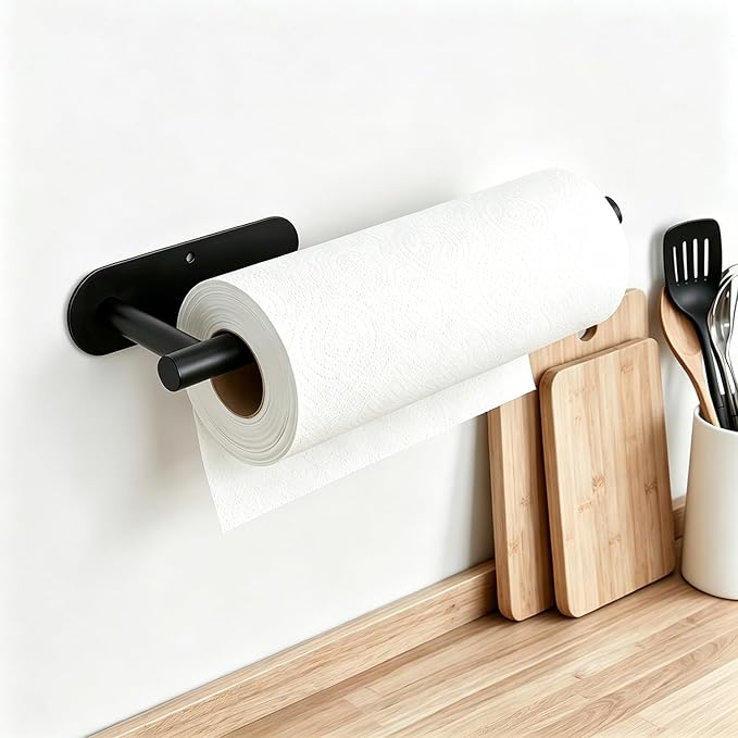 Paper Towel Holder Under Cabinet - Self Adhesive Paper Towel Roll Holder Wall Mount, Matte Black Stainless Steel Towel Paper Holder for Kitchen, Bathroom, Cabinets