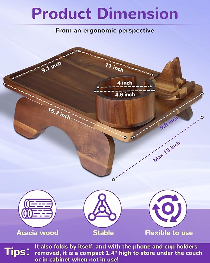 Couch Armrest Table with Oversized Cup Holder & Dual-Tower Phone Stand 3-in-1 Sofa Arm Tray, Acacia Wood Couch Arm Table with 360° Rotating Holders, Foldable Couch Cup Holder Tray for Drinks & Snacks