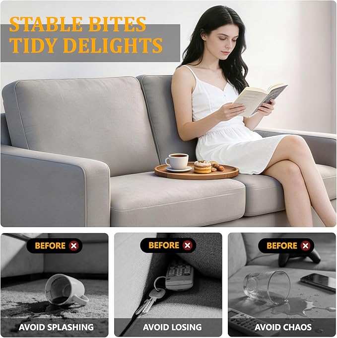 Acacia Wood Sofa Tray, Folding Couch Table Insert for Middle Portable Couch Armrest Trays Perfect for Drinks, Snacks, Phone, Remote Control (Circle)