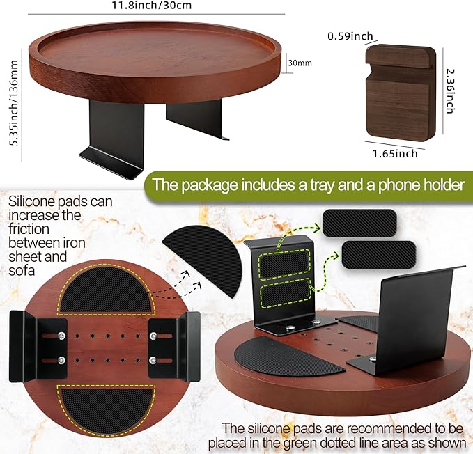 2 Pack Sofa Arm Tray,11.8“ Adjustable Natural Wood Couch Arm Trays Tables with Phone Holder,More Anti-Slip Clip On Chair Table Tray,Round Couch Armrest Cup Holder for Drinks Snack Eating