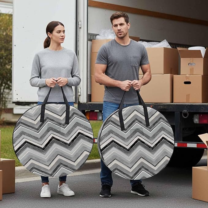 Storage Bag Grey Chevron Round Storage Totes Bins Closet Organizers with Zippers & Handle Geometric Design Stripe Clothes Storage Container for Bedroom Dorm Space Saving Packing Supplies Moving Bags