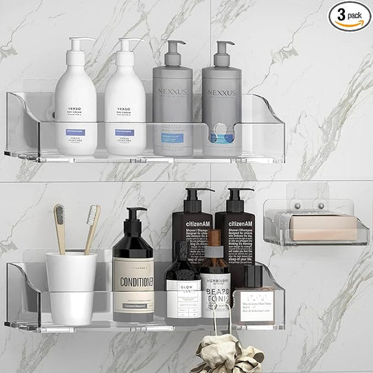 Acrylic Shower Shelves 3 Pack, Clear Adhesive Shower Caddy Organizer, Rustproof No Drill Wall Mount Bathroom & Kitchen Storage Rack