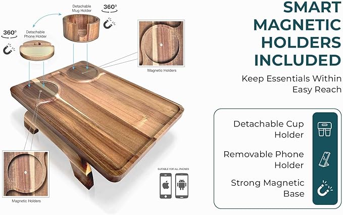 Couch Arm Table | XL Acacia Wood Folding Sofa Side Tray | 15.8" x 11.8" | Cup & Phone Holder | Adjustable Clip on TV Caddy Armrest Tray | Perfect for Eating Dinner & Snacks | Thin Foldable Organizer