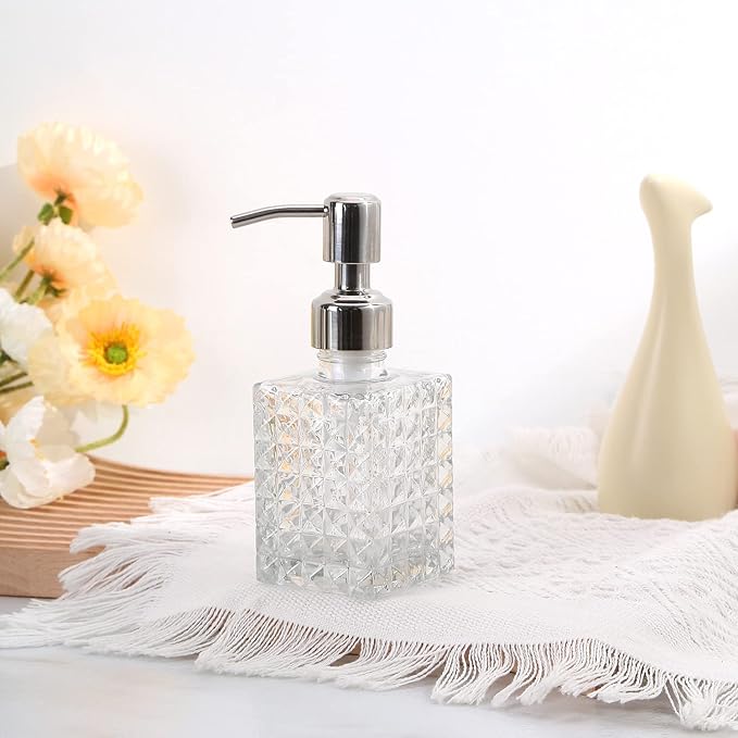 YunNasi Soap Dispenser with Stainless Steel Pump, Clear Crystal Design, Vintage and Elegant, Refillable Liquid Hand Soap Dish Soap Dispensers for Bathroom Counter, Kitchen Sink (Style 4)