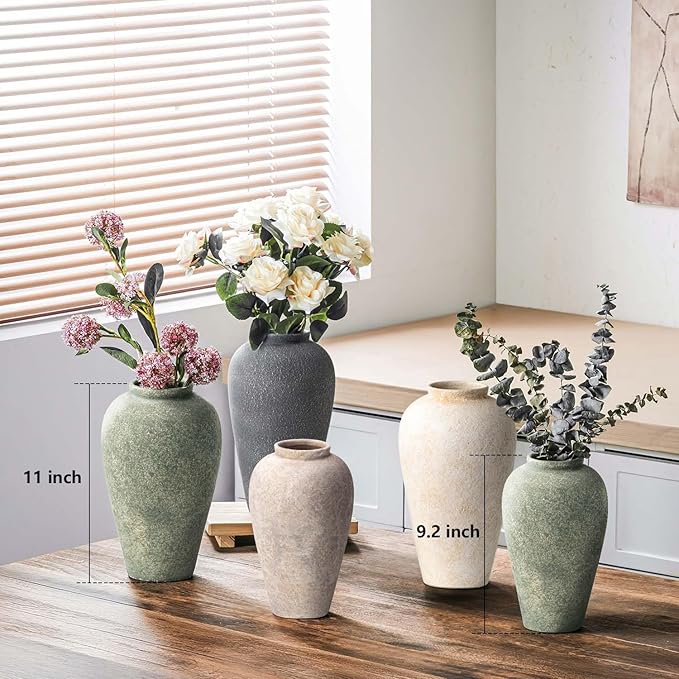 Ceramic Flower Vase Home Decor - 9.2 inch Large Farmhouse Table Vases, Rustic Decorative Vases for Kitchen Living Room Coffee Dining Shelf Mantel Decoration