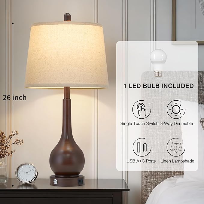 26" Brown Table Lamp Single, Touch Control Bedside Lamp for Bedroom Nightstand, 3-Way Dimmable Farmhouse Lamp for Living Room with Charging Port (1 Pack)