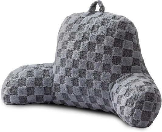 A Nice Night Faux Fur Reading Pillow,Checkered Fluffy Grid Plaid,Bed Wedge Pillow Large Adult Children Backrest with Arms for Bedrest,Grey