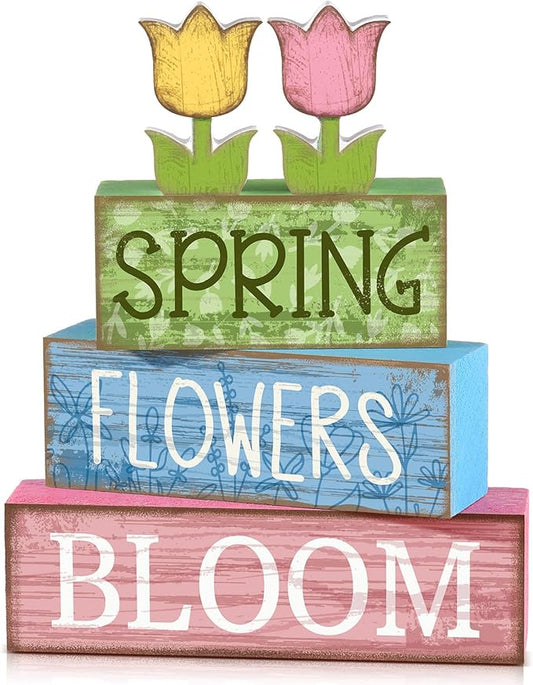 Moucuny 4 Pcs Spring Table Decor Wooden Tulip Spring Tiered Tray Decor Flowers Table Centerpiece Decorative Colorful Tulip Block Signs Gift Farmhouse Flowers Decoration for Home Kitchen Shelf