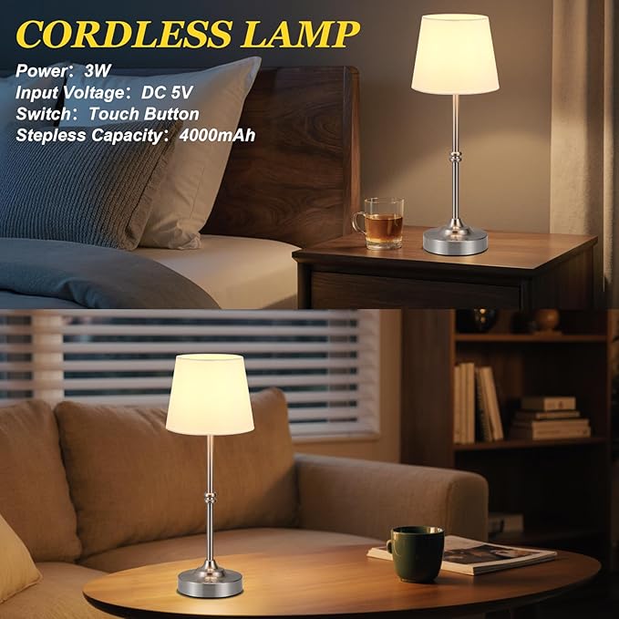 Kakanuo Rechargeable Cordless Table Lamp Silver - 1 Pack 4000mAh Battery Operated Lamp, Touch Control Stepless Dimming, for Home Decor, Dining Table, Living Room, Bedroom