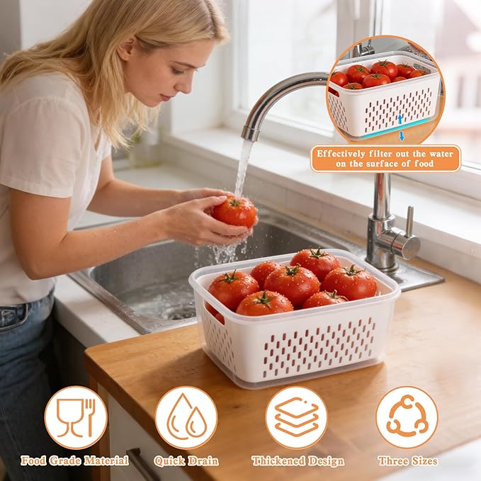 4 in 1 Food Storage Container, 3Pcs Fruit Storage Containers for Fridge with Removable Colanders, Produce Keeper Containers for Fridge with Lid and Strainer