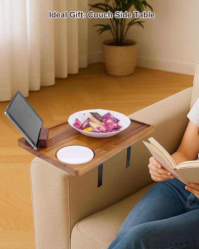 Couch Armrest Table, Acacia Wood Sofa Arm Tray with Adjustable Metal Clamp, Sofa TV Tray with Rotating Phone Holder for Snacks Drink Remotes, Include White Coaster