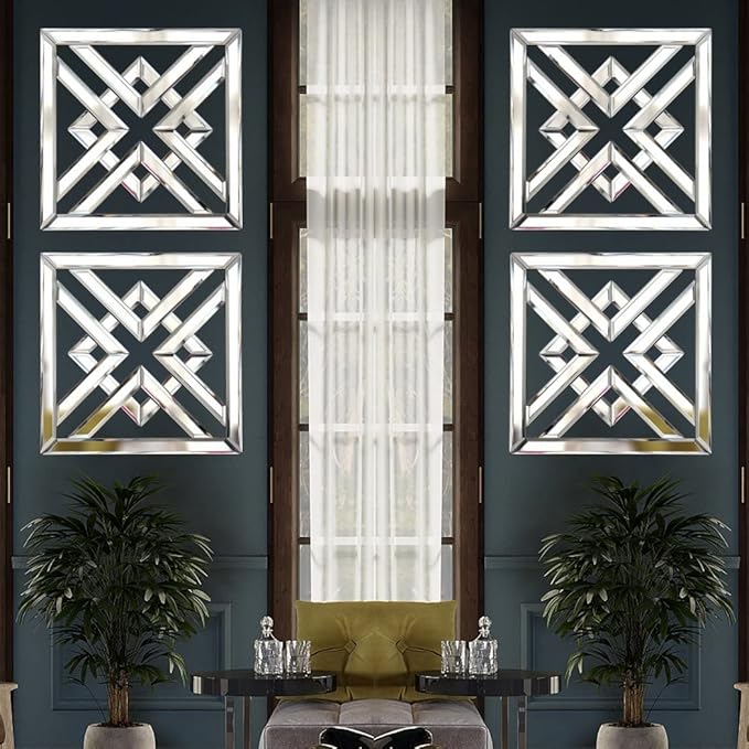 QMDECOR Silver Mirrored Wall Decor 16x16" Modern Fashion DIY Wall-Mounted Mirror X Design Gorgeous Glam Accent Vintage Chic for Room and Home