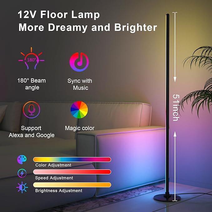 Lanmonlily Corner Floor Lamp, Smart RGB LED Corner Lamp with Alexa, Smart Modern Floor Lamp with Music Sync, Timer Setting, 16 Million Colors & 68+ Scene Modes for Living Room, Bedroom