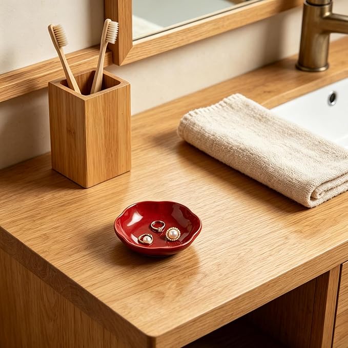 Ceramic Jewelry Organizer 4.1 Inch - Floral Design Ring Tray for Room Decor Aesthetic - Elegant Jewelry Holder Bowl for Bedroom Nightstand,(red)