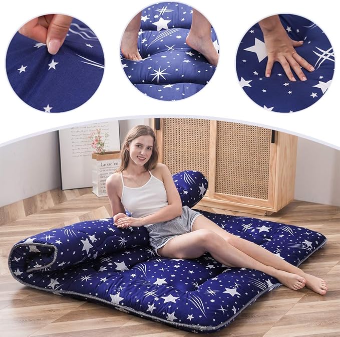 MAXYOYO Navy Starry Sky Japanese Futon Mattress, Tatami Floor Mat, Portable Camping Sleeping Pad, Foldable Roll Up Lounger Full Size with Mattress Protector Cover