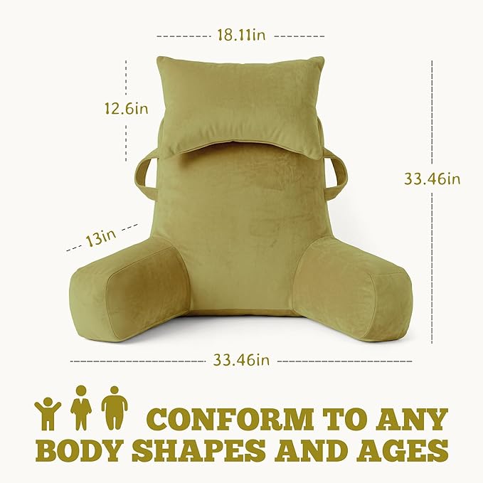 Unisakey Portable Reading Pillows with Headrest for Bed Sitting Up(Pale Green Oeko-Tex), Velvet Back Pillow with Arms & Pockets for Adults, Support Memory Foam Bed Pillow for Dorm/Watching/Gaming