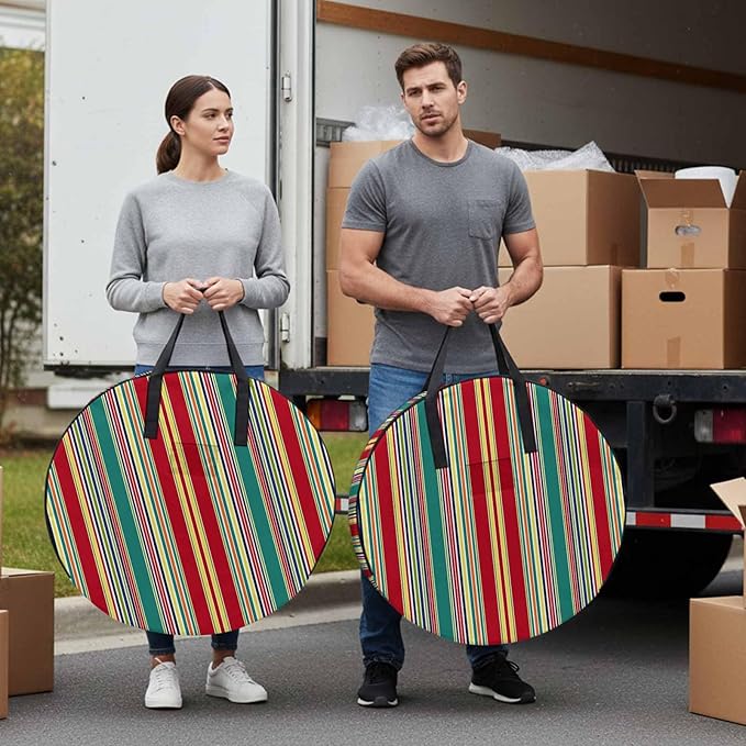 Storage Bag Red Striped Round Storage Totes Bins Closet Organizers with Zippers & Handle Geometric Green Yellow Stripes Clothes Storage Container for Bedroom Dorm Space Saving Packing Supplies Bags