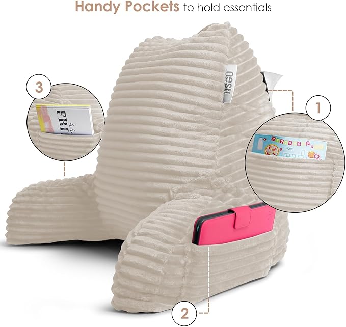 Nestl Linen Reading Pillow with Bed Desk for Laptop and Writing, Luxe Cut Plush Back Pillow for Sitting Up, Back and Arms Adjustable Support for Adult and Teens, Foldable Lap Desk for Bed 22x14”