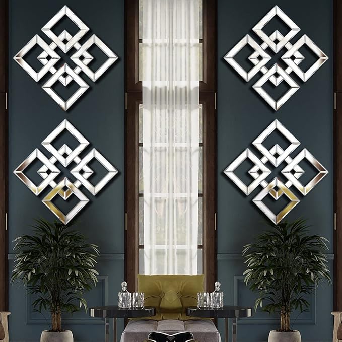 QMDECOR Silver Mirrored Wall Decor 16x16” Decorative Mirror Modern Fashion DIY Wall-Mounted Mirrors Square Design Gorgeous, Glam, Accent, Vintage, Chic Mirror for Room and Home Decor