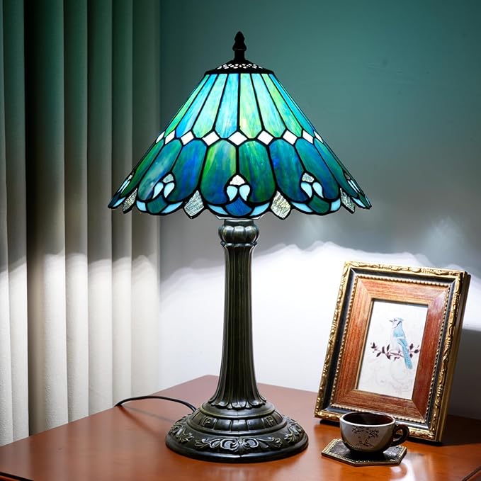 Tiffany Lamp Stained Glass lamp 12x12x18 Inches Bedside Table Lamp for Living Room Bedroom Dorm Kitchen Home Decor Festival Birthday Gift,Sea Blue