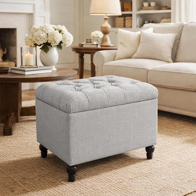 Homepop Home Decor | Upholstered Button Tufted Storage Ottoman | Hinged Lid Ottoman with Storage for Living Room & Bedroom | Decorative Home Furniture (Pewter Gray)