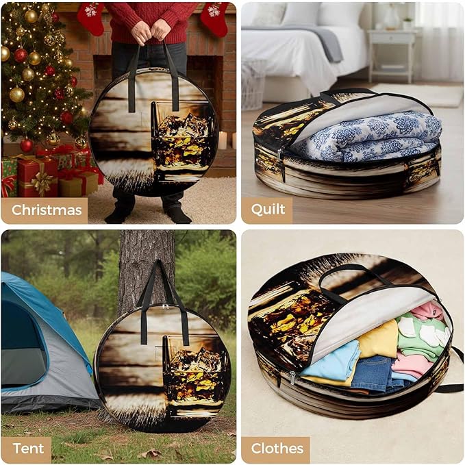 Storage Bag Whisky Glass Cups Round Storage Totes Bins Closet Organizers with Zippers & Handle Wine Wood Grain Clothes Storage Container for Bedroom Dorm Space Saving Packing Supplies Moving Bags