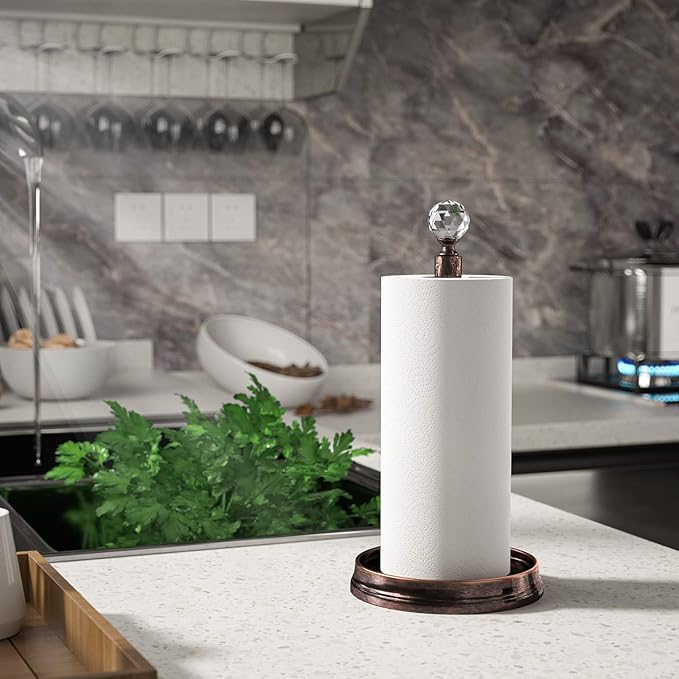 Kasunto Paper Towel Holder (with Crystal Ball) Steel Paper Towel Holder countertop，Paper Towel Holder Stand for Kitchen Countertops, Bars & Dining Tables,Fits Standard & Jumbo Rolls,Oil Rubbed Bronze
