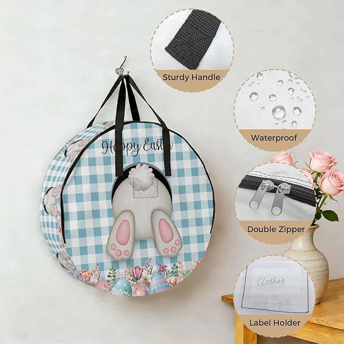36 Inch Round Storage Bag 1 Pack,Easter Day Bunny Tail Blue Check Waterproof Wreath Storage Container with Handles&Zipper Spring Cute Rabbit White Grid Closet Organizer Bags Garland Box
