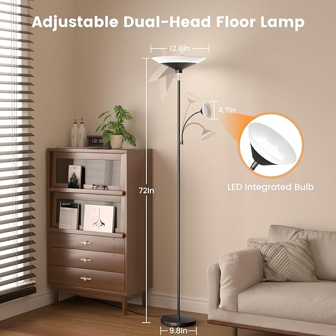 SIBRILLE Upgraded 2-in-1 Torchiere Floor Lamp, Dimmable Standing Lamp with Remote&Touch Control, 34W Brightness Adjustable Floor Reading Light, Black Modern Corner Lamp for Living Room Bedroom Office