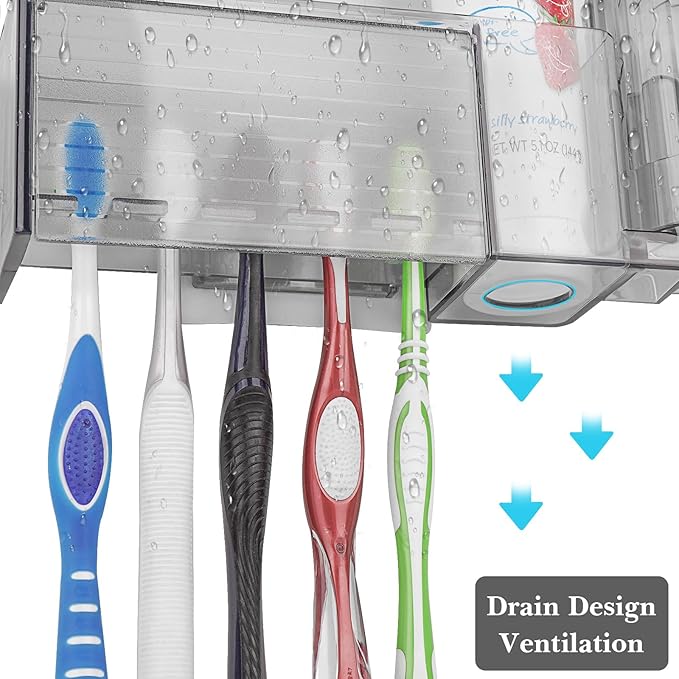 Linkidea Multifunctional Self-Adhesive Toothbrush Holder, Wall Mounted Toothbrush Holder with Lid, Toothpaste Storage Box and Toothbrush for Bathroom (Grey)