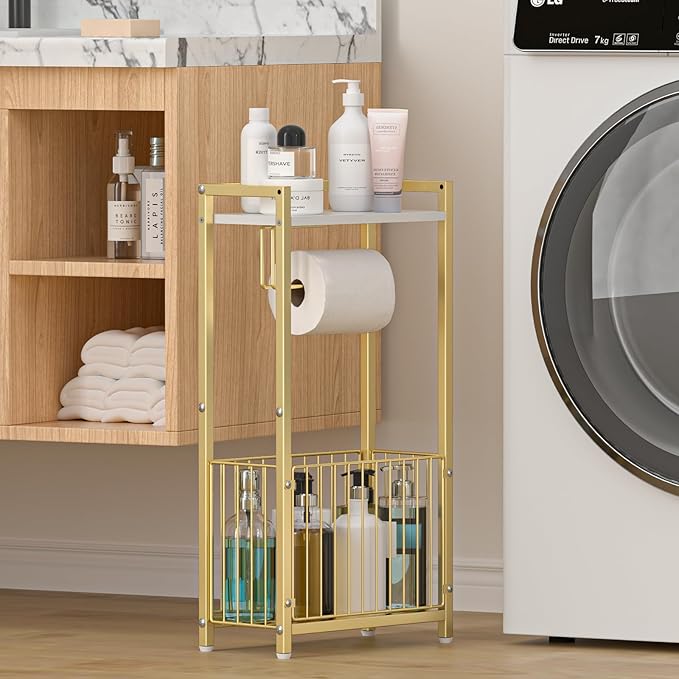 Toilet Paper Holder with Storage Shelf - Freestanding Roll Dispenser for Bathroom, Bathroom Organizer for Tissues and More Gold