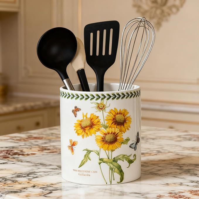 Floral Kitchen Utensil Holder, 7.1 Inch Large Ceramic Crock, Sunflower Pattern, White Kitchen Counter Organizer (sunflower)