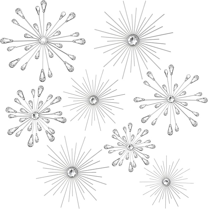 Blulu 8 Pcs Silver Metal Wall Art Cast Iron Starburst Wall Decor Bling Crystal Sculptures Living Room 3D Teardrop Radial Rhinestone Hanging Diamond Accents for Home Office Bedroom Entryway