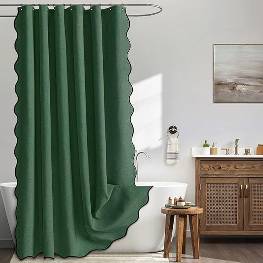 MIULEE Christmas Dark Green Scalloped Shower Curtain Linen Textured with 12 Metal Hooks Cute Heavy Duty Washable Waterproof Thick Cloth Shower Curtains with Black Border for Bathroom Hotel,W72*L72