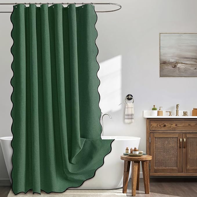 MIULEE Christmas 84" Long Scalloped Shower Curtain Linen Textured with 12 Metal Hooks Cute Extra Long Heavy Duty Washable Waterproof Cloth Curtains with Black Border for Bathroom Hotel,Dark Green