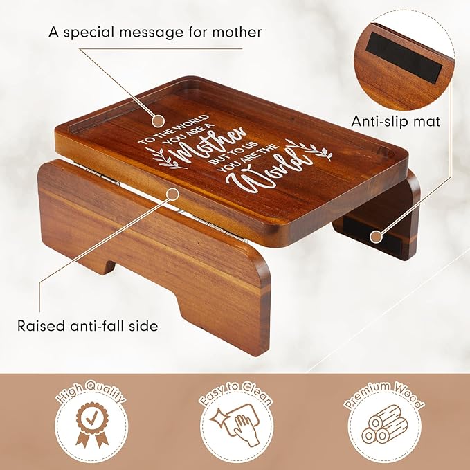 Kathfly Birthday Gifts for Mom, Mothers Day Gift 13.75" x 9.5" Couch Arm Table, to The World You Are a Mother But to Us You Are The World, Wooden Sofa Arm Tray, Mothers Day Gifts from Son Daughter
