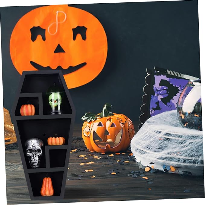 Halloween Coffin Organizer Gothic Storage Rack for Haunted House Decor Prank Prop for Parties Lightweight and Reusable Multipurpose Coffin Shelf for Skull Display