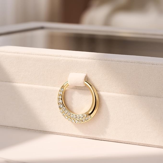 bussdis Glass Lid Jewelry Organizer Box – Beige Velvet Jewelry Case with Ring Slots, Necklace Hooks & Removable Compartments for Earrings, Rings & Bracelets