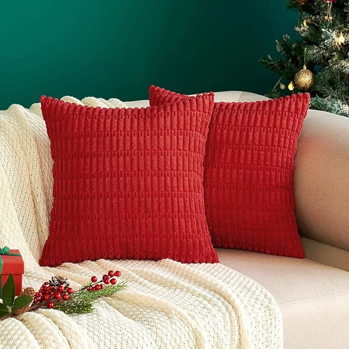 MIULEE Pack of 2 Red Corduroy Decorative Pillow Covers 16x16 Inch Soft Boho Striped Throw Pillow Covers Modern Farmhouse Home Decor for Sofa Living Room Couch Bed