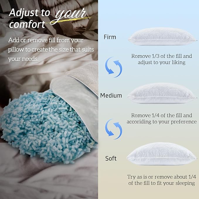 BETU Standard Pillow, Cooling Shredded Memory Foam Pillow for Hot Sleepers College Dorm Room Essentials, Adjustable Firm Gel Cool Pillow for Back Pain and Side Sleeping, Birthday Gifts for Boyfriend