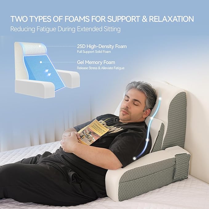 Kayfia Reading Pillow, 10 in 1 Back Pillow for Bed Sitting up with Detachable Arms Rest, Back Rest Pillow with Gel Memory Foam, for Reading/Gaming/Working in Bed or Couch 21'', White