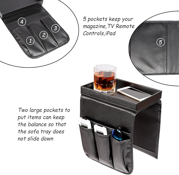 Couch Caddy, Armchair caddy with Detachable Tray, Non-Slip PU Leather Remote Control Holder for Recliner with 5 Pockets (Black)