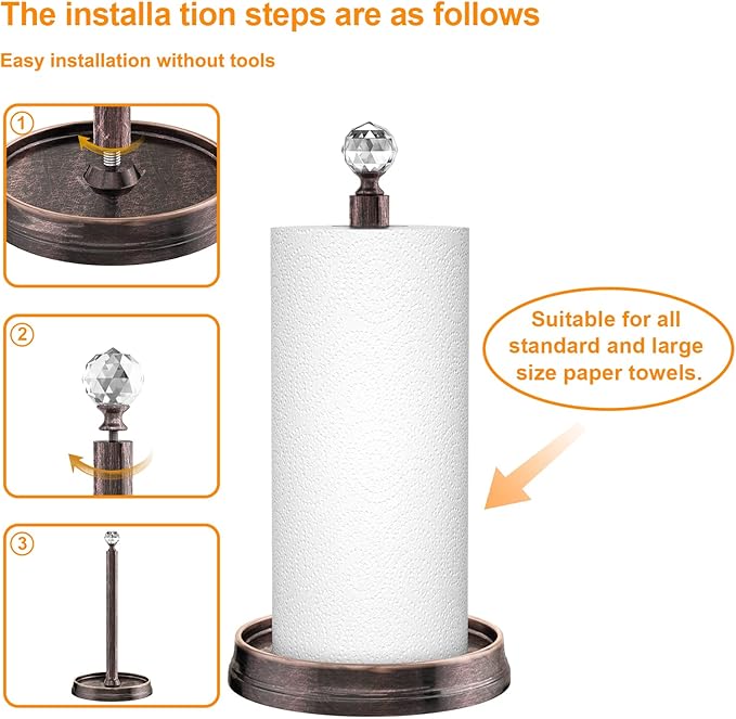 Kasunto Paper Towel Holder (with Crystal Ball) Steel Paper Towel Holder countertop，Paper Towel Holder Stand for Kitchen Countertops, Bars & Dining Tables,Fits Standard & Jumbo Rolls,Oil Rubbed Bronze