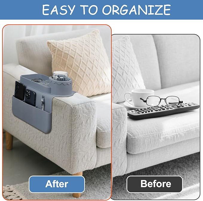 Silicone Couch Cup Holder Tray, Dirt-Resistant Silicone Couch Arm Tray for Remote, Anti-Spill Cup Holder and Anti-Slip Sofa Caddy for Snacks, Cellphone and iPad (Light Gray)