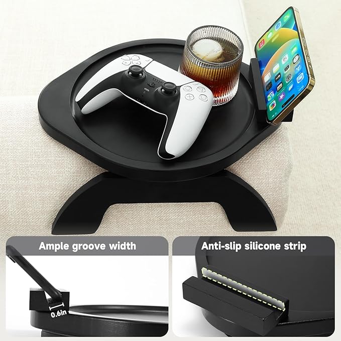 Couch Arm Table Tray, Sofa Clip on Tray Tables with 360° Phone Holder, Bamboo Arm Rest Table for Couch, Folding Sofa Armrest Tray for Food, Snacks, Coffee, Remote